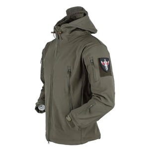 May include: A green hooded jacket with a zipper closure and multiple pockets. The jacket has a patch on the left sleeve with a red and white symbol.