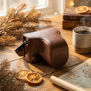 Puede incluir: Una funda de cámara de cuero marrón descansa sobre una mesa de madera junto a una taza de café humeante. Un mapa antiguo y rodajas de naranja secas completan la escena. La funda de la cámara se cierra con una hebilla negra.