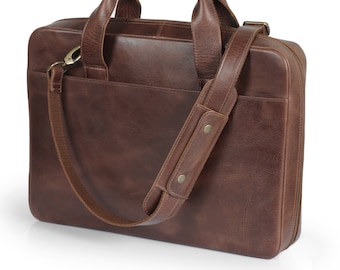 Top Grain Leather Travel 16” Laptop Bag - Briefcase Satchel Portfolio Notebook Tablet Messenger Bag for Men & Women, Business, Organizer