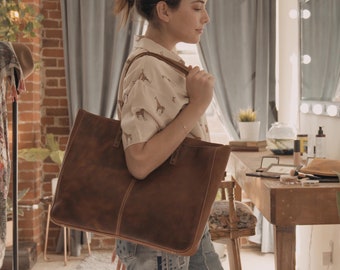 Carmel Leather Tote Bag, Durable Women Tote for Toiletries or Electronic Devices, Handcrafted High Quality Shoulder Laptop Tote