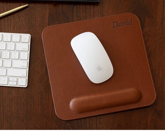 Personalized Hand Crafted Leather Computer Mouse Pad with Wrist Rest, Office Ergonomic Mouse Pad, Cute Desk Laptop Mouse Pad, Birthday Gift