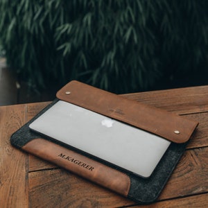 Personalized Fine Leather and Fleece Sleeve Bag for MacBook Pro and Air, 16 Inch, 15 Inch, 14" & 13.3 Inch, MacBook Case, iPad Pro 12.9‑inch