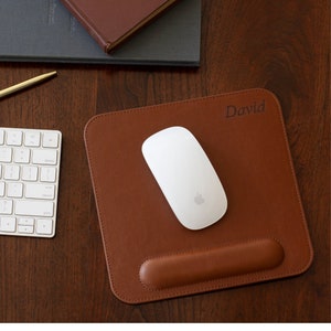 Personalized Hand Crafted Leather Computer Mouse Pad with Wrist Rest, Office Ergonomic Mouse Pad, Cute Desk Laptop Mouse Pad, Birthday Gift