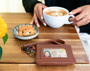 Leather Lanyard Wallet Keychain - Zippered ID Holder, Small Card Wallet, Gift for Him/Her