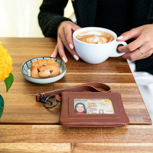 Portefeuille d'identité avec porte-clés fabriqué à la main, porte-monnaie avec fermeture à glissière en cuir pleine fleur avec dragonne, porte-monnaie unisexe porte-clés et porte-cartes d'identité