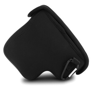 May include: Black neoprene camera case with a zip closure and a silver carabiner clip.