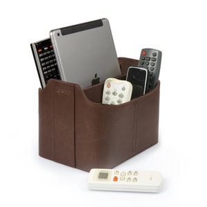 Personalized Leather Remote Caddy, Desk Organizer, Remote Control Holder with Tablet Stand Slot for DVD Blu-ray TV Roku or Apple TV Remotes Dark Brown