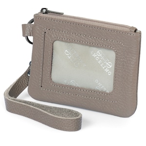 Cartera de identificación con cierre de cremallera y correa para la muñeca de cuero de grano superior, tarjetero de identificación unisex hecho a mano, billetera minimalista con llavero y tarjetero de identificación