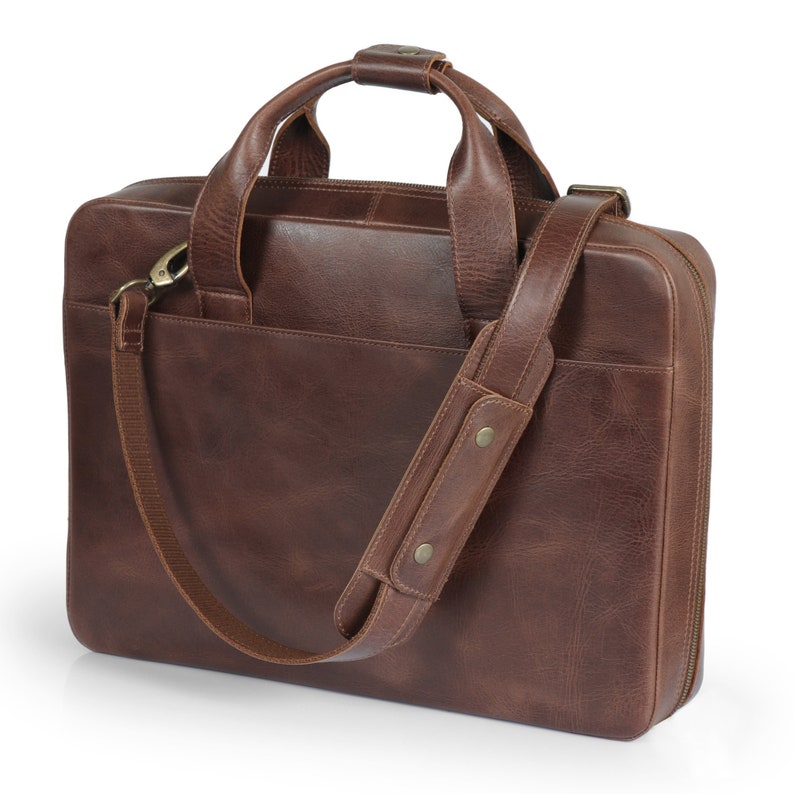 Bolso personalizado para portátil de viaje de cuero de grano superior de 16 pulgadas, maletín, cartera, portátil, tableta, bolso mensajero para hombres y mujeres Brown