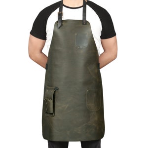 Personalized Top Grain Leather Workshop Apron with Pockets for Men, Hand Crafted Woodworking Apron, Artist Full Apron, Best Gardening Apron Green