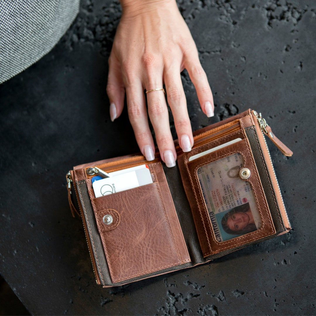 Ambanc Men’s Genuine Leather Wallet With Coin Zip Pocket – Brown – Folding Credit Card Holder