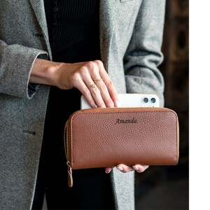 Cartera de mano de piel de grano superior hecha a mano personalizada, cartera de mano con cremallera personalizada, billetera de chequera de calidad, billetera para mujer con ranuras compatibles con teléfono