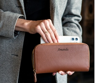 Cartera de mano de piel de grano superior hecha a mano personalizada, cartera de mano con cremallera personalizada, billetera de chequera de calidad, billetera para mujer con ranuras compatibles con teléfono