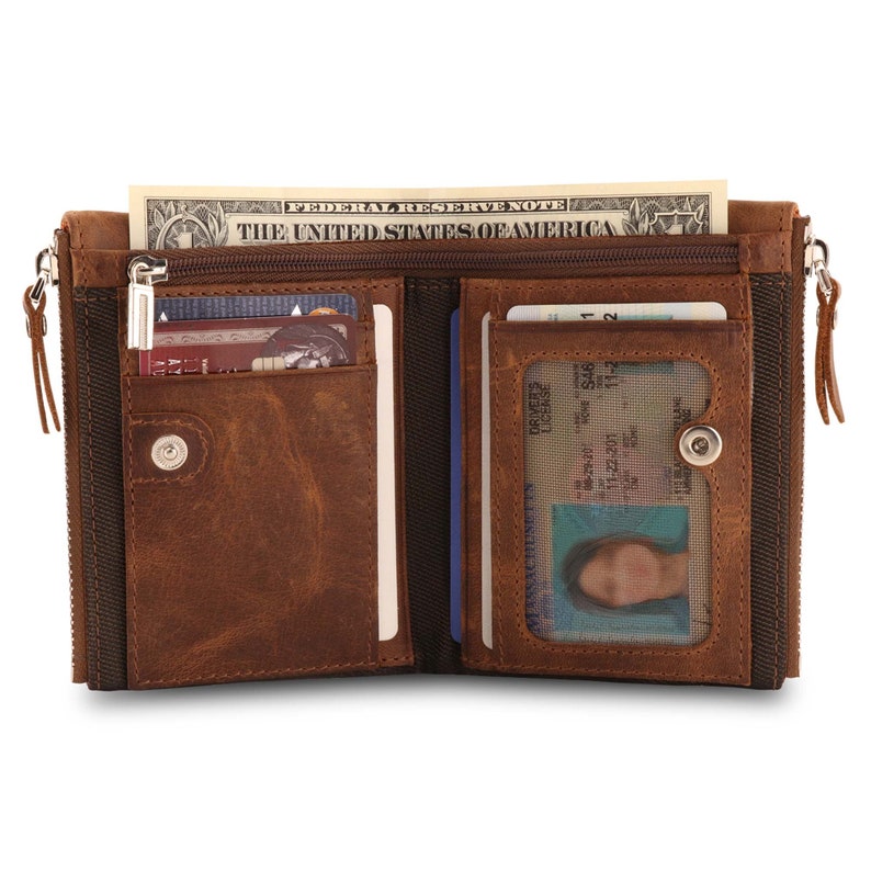 Personalized Top Grain Leather Wallet with ID Card Slot, RFID Blocking Multipurpose Bifold Wallet with Zippered Slots, Credit Card Wallet image 5