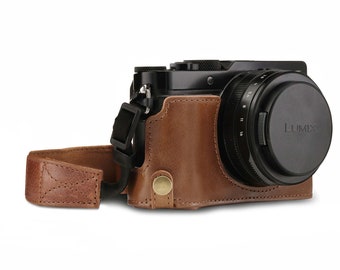 Demi-étui en cuir fin pour appareil photo et dragonne compatible avec Panasonic Lumix DC-LX100 II, fabriqué à la main