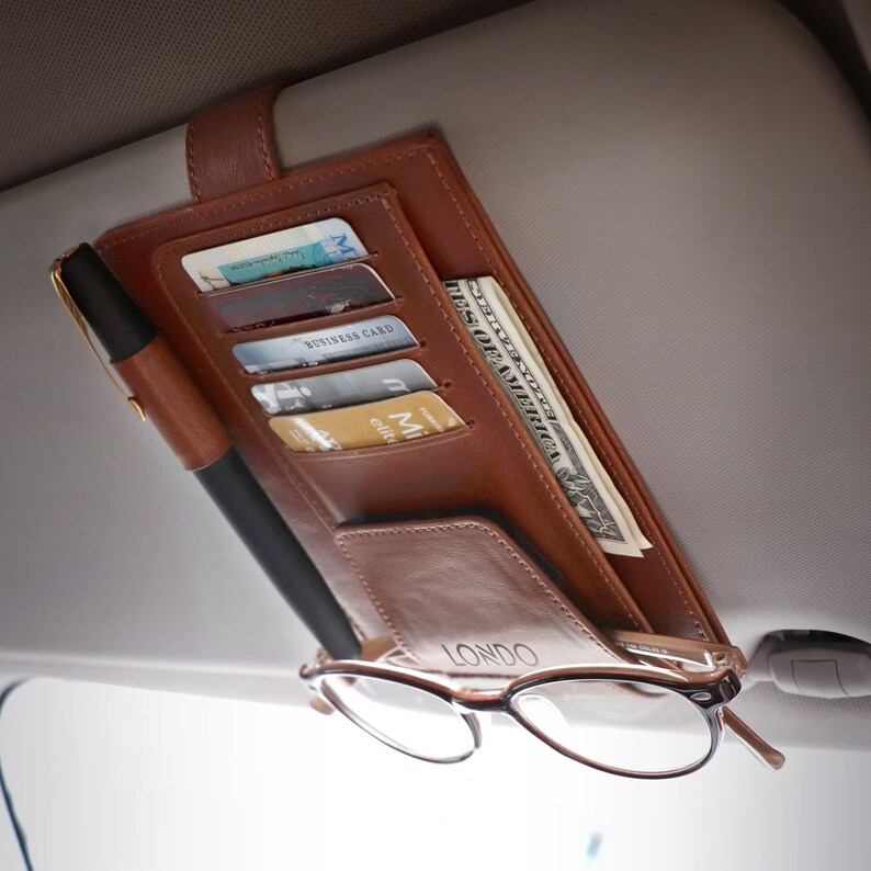 Car Document Organizer with Glasses Holder Stand, Auto Document Holder, Leather Car Visor Organizer, Multifunctional Cute Car Accessories 