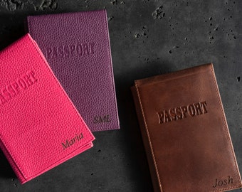 Étui à passeport et porte-cartes personnalisés en cuir pleine fleur avec étiquette nominative, portefeuille de voyage fabriqué à la main, étui à passeport de style vintage unisexe