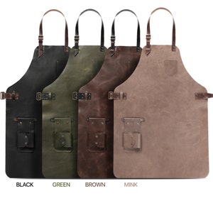 May include: Four leather aprons in different colours: black, green, brown, and mink. Each apron has adjustable straps, a large pocket, and a smaller tool pocket.