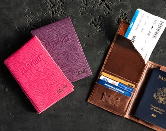 Personalized Hand Crafted Top Grain Leather RFID Passport Wallet and Card Holder with Luggage Tag, Leather Passport Cover Slim Travel Wallet