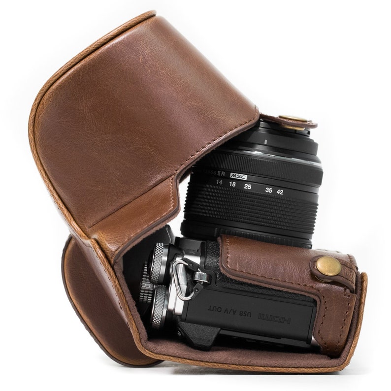 Olympus OM-D E-M10 Mark II, E-M10 14-42 mm Housse protectrice en cuir pour appareil photo, Housse pour appareil photo reflex numérique, Étui compact rembourré pour appareil photo Dark Brown