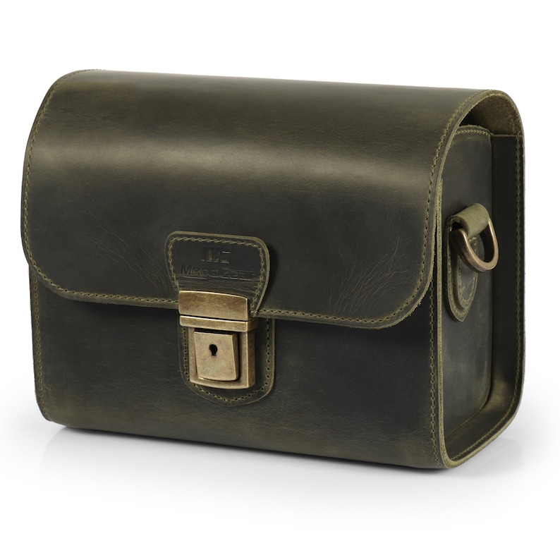 Personalized Top Grain Italian Leather Messenger Bag Camera Bag for Mirrorless, Instant, DSLR Cameras, Travel Bag, Unisex Olive Green
