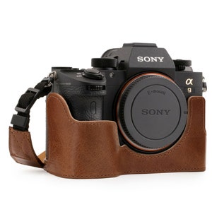 Italian Leather Camera Half Case & Strap Compatible with Sony Alpha A7 III, Sony Alpha A7R III, Sony Alpha A9 Black / Brown, Handcrafted Brown