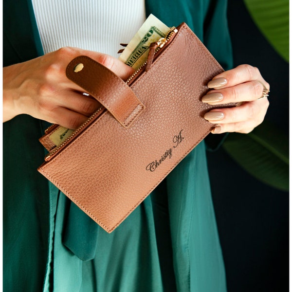 Embrague personalizado de billetera con bloqueo RFID de cuero de grano superior con ranuras con cremallera, billetera plegable hecha a mano con bolsillo para teléfono, billetera de bolsa