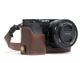 Leather Camera Half Case & Strap Compatible with Sony Alpha A6300, Sony Alpha A6000 - Black / Dark Brown / Light Brown, Handcrafted