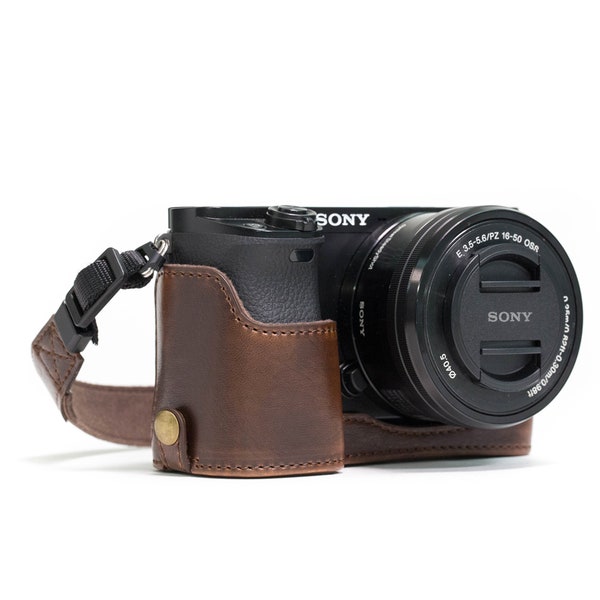 Leather Camera Half Case & Strap Compatible with Sony Alpha A6300, Sony Alpha A6000 - Black / Dark Brown / Light Brown, Handcrafted