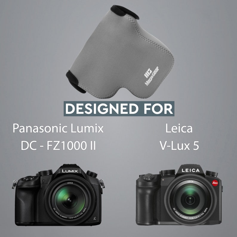 May include: A grey camera lens protector with the text "Mega Gear" printed on it. The protector is designed for the Panasonic Lumix DC-FZ1000 II and Leica V-Lux 5 cameras.