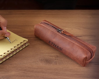 Personalized Hand Crafted Top Grain Leather Zip Pen Case, Pencil Bag, High-Quality Cosmetic Case, Custom Makeup Bag, Classic Look Pen Pouch