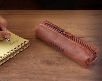 Personalized Hand Crafted Top Grain Leather Zip Pen Case, Pencil Bag, High-Quality Cosmetic Case, Custom Makeup Bag, Classic Look Pen Pouch