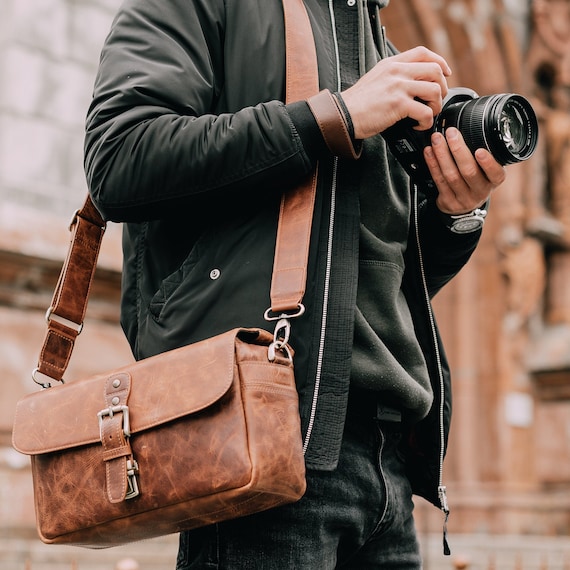 Personalized Top Grain Italian Leather Messenger Bag Camera 