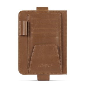 May include: A brown leather wallet with multiple card slots, a pen holder, and a large pocket. The wallet has the word "LONDO" embossed on the front.