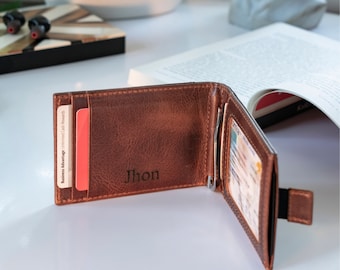 Personalized Handcrafted Top Grain Leather Envelope Wallet with Money Clip, RFID Blocking  Wallet with ID Card or Driver’s License Slot