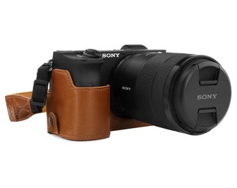 Demi-étui en cuir pour appareil photo et dragonne compatible avec Sony Alpha A6600, fabriqué à la main