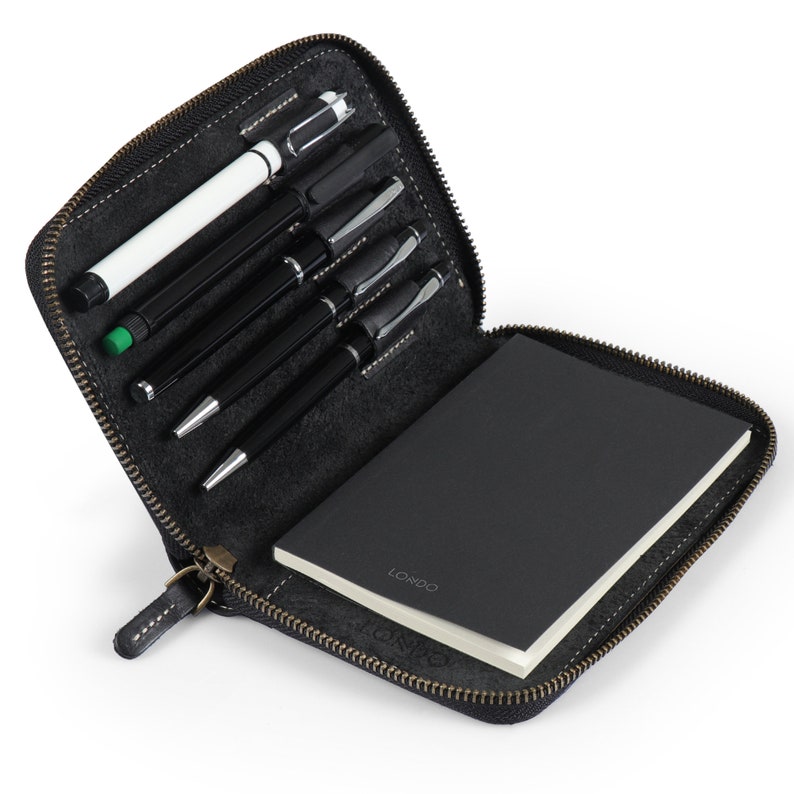 Personalisiertes handgefertigtes Reisejournal und Organizer aus Leder, Padfolio mit Stifthalter, benutzerdefiniertem Notizblock und Reißverschluss Black