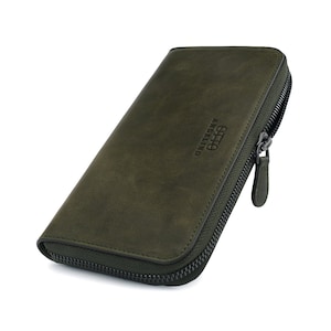 Cartera de mano de piel de grano superior personalizada, cartera de mano con cremallera hecha a mano, billetera de chequera de calidad, billetera delgada para mujer con ranuras compatibles con teléfono
