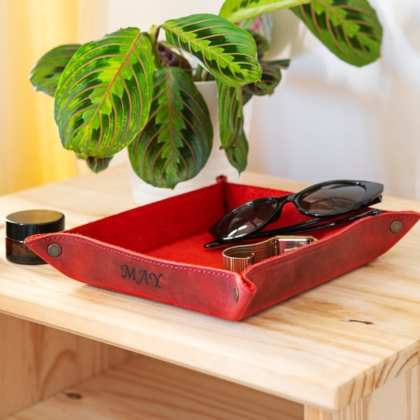 Personalized Top Grain Leather Storage Tray, Hand Crafted Office Desk Organizer, Custom Valet Tray, Decorative Vanity Trays, Concrete Trays