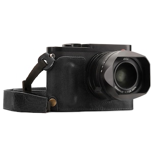 Custodia per fotocamera in pelle pregiata personalizzata e cinturino compatibile con Leica Q-P, Q (Typ 116) - Nero / Marrone, fatto a mano