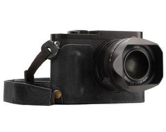 Personalized Fine Leather Camera Half Case & Strap Compatible with Leica Q-P, Q (Typ 116) - Black / Brown, Handcrafted