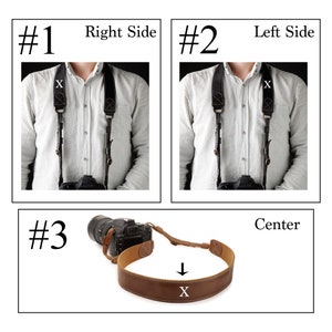 May include: A brown leather camera strap with a white "X" stitched on it. The strap is shown in three different positions: on a person's shoulder, on a person's chest, and lying flat. The strap is designed to be worn across the body.
