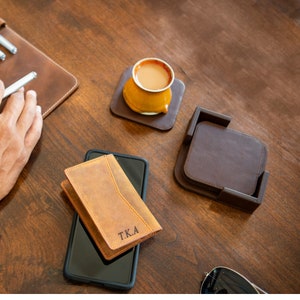 Leather Coasters Set with Non-Slip Surface, Handcrafted Leather Cup Coaster, Beverage Square Coasters with Coaster Holder (Set of 4)