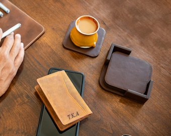 Leather Coasters Set with Non-Slip Surface, Handcrafted Leather Cup Coaster, Beverage Square Coasters with Coaster Holder (Set of 4)