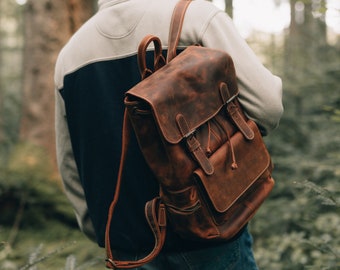 Handgemaakte topnerf leren rugzak, weerbestendig wandelen, dames- en herentas, unisex, vintage laptopvallei-rugzak