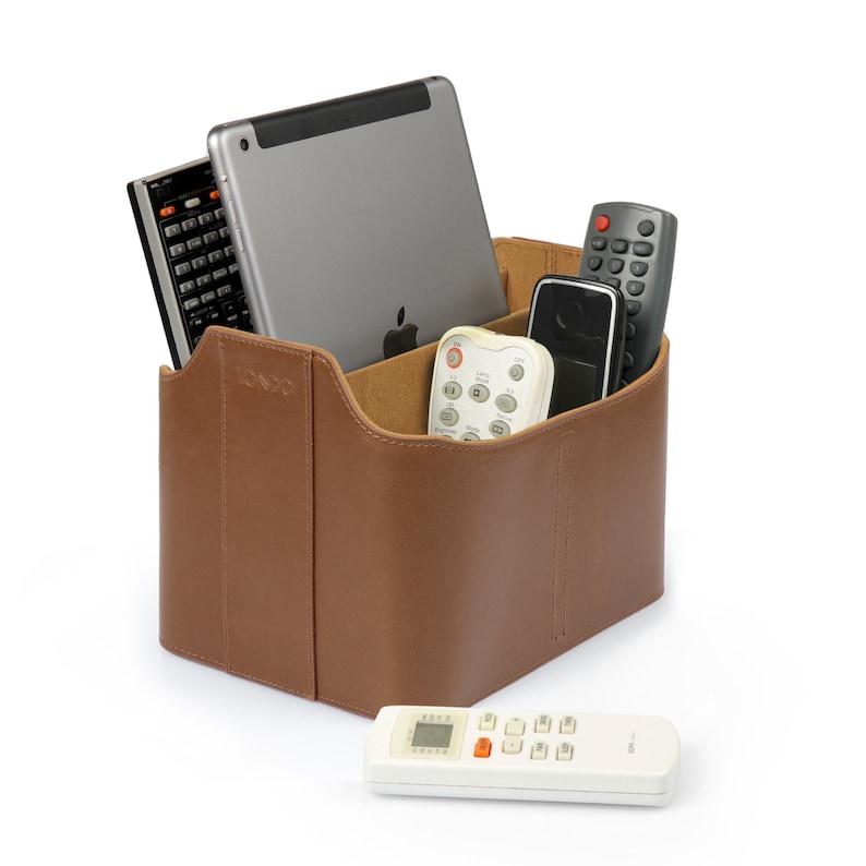 Personalized Leather Remote Caddy, Desk Organizer, Remote Control Holder with Tablet Stand Slot for DVD Blu-ray TV Roku or Apple TV Remotes Light Brown