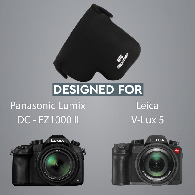 May include: A black camera case with the text "Mega Gear" printed on it. The case is designed for the Panasonic Lumix DC-FZ1000 II and Leica V-Lux 5 cameras.