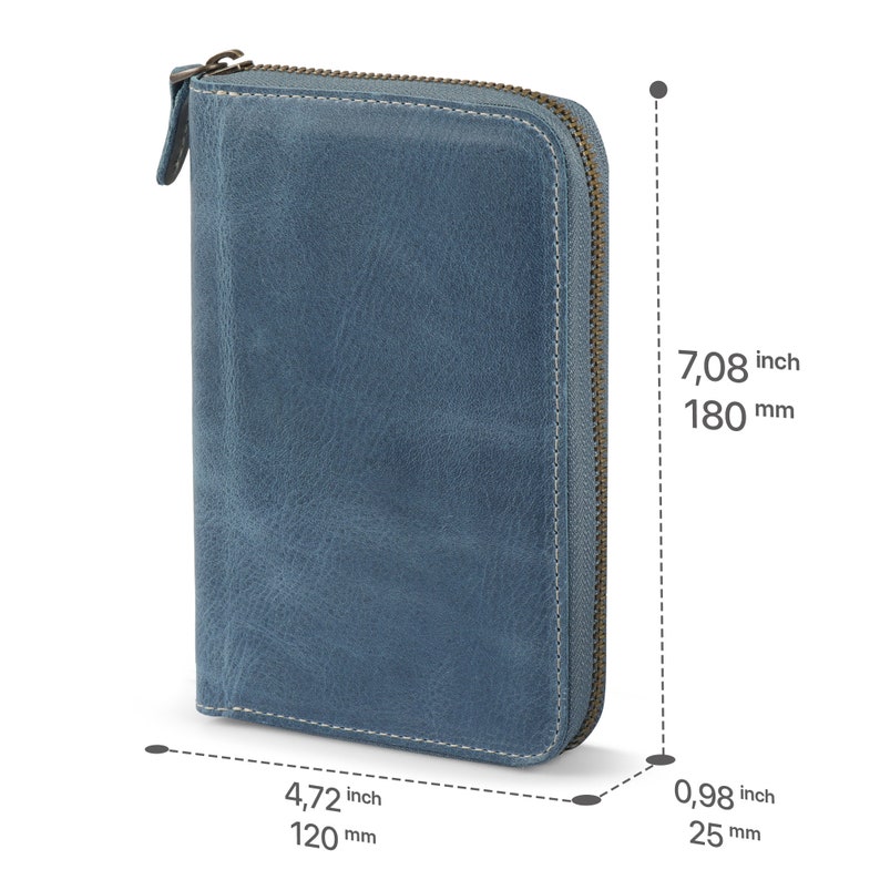 Personalisiertes handgefertigtes Reisejournal und Organizer aus Leder, Padfolio mit Stifthalter, benutzerdefiniertem Notizblock und Reißverschluss Blue