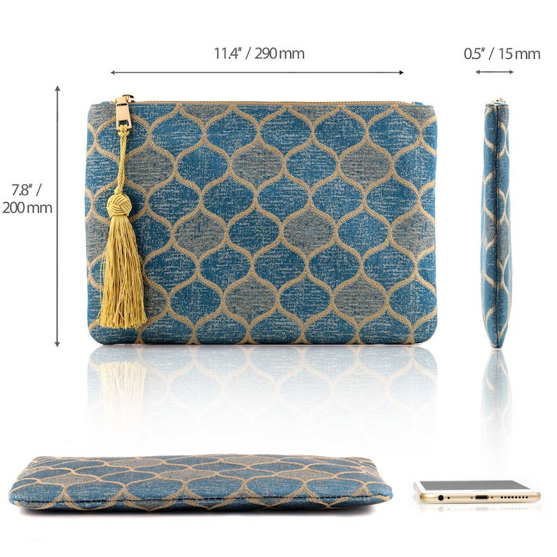 Designer Zipped Party Clutch, Ultra Slim Modern Clutch with Tassel, Boho Womens Clutch Purse with Multiple Slots Money, Cards, Smartphone Blue Drop