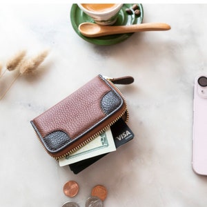 RFID Blocking Top Grain Leather Checkbook Wallet, Handcrafted Cute Wallet with Zipper, Unisex Card Wallet with Coin and Credit Card Pockets
